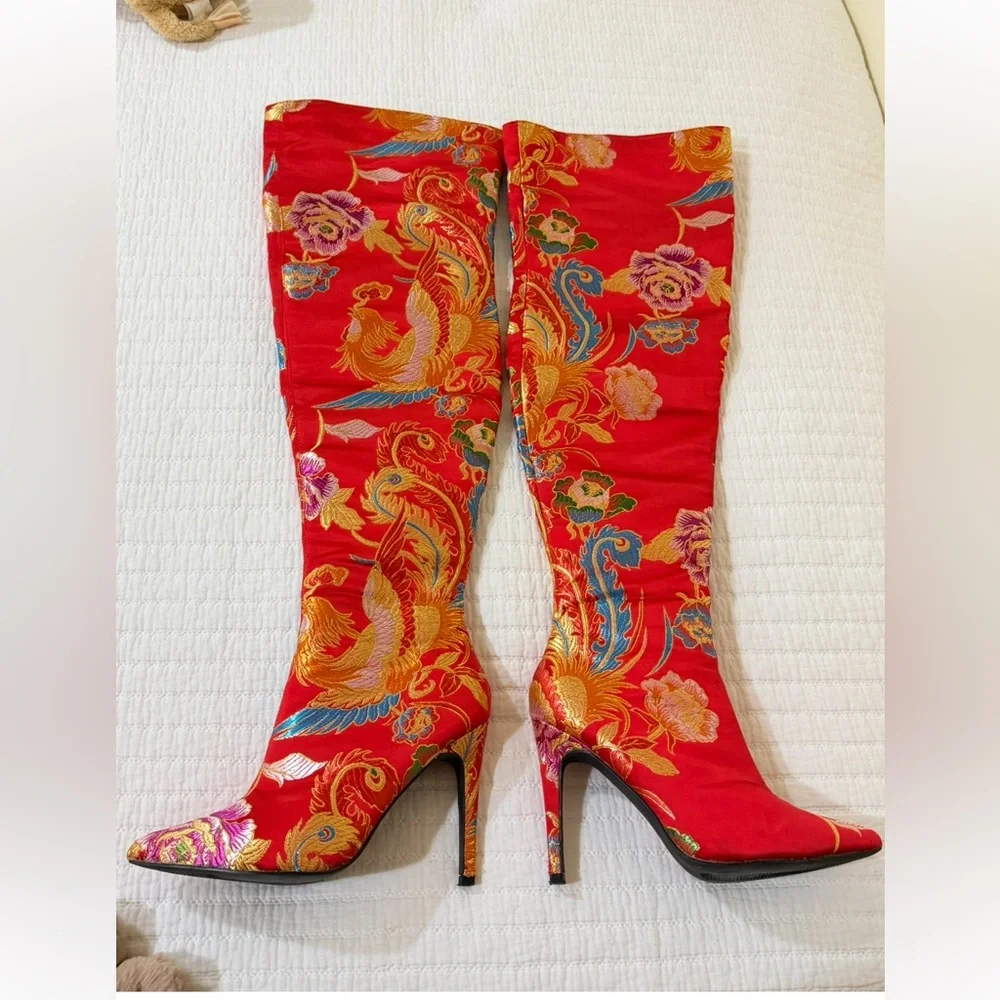 Cape Robbin Vibrant Red Floral Over-the-Knee Boots